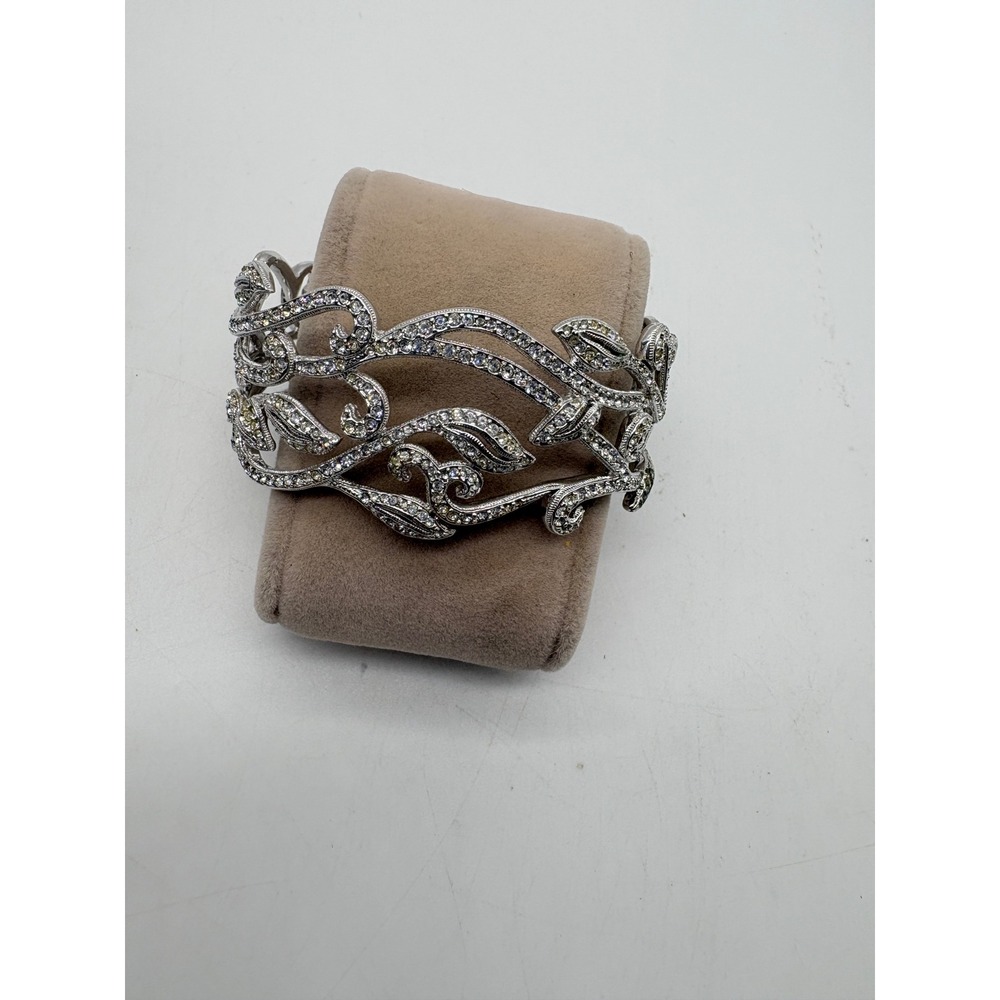 Silver Tone Rhinestone Vine Leaf Filigree Cuff Bracelet